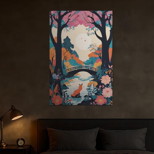 狐 橋 木 花 川 タペストリー 和柄 和風 日本画風 男気 大和魂 厳つい インテリア 大きい 縦型 縦配信 撮影背景 壁掛け 大判 長方形 壁布 青 紺 黒