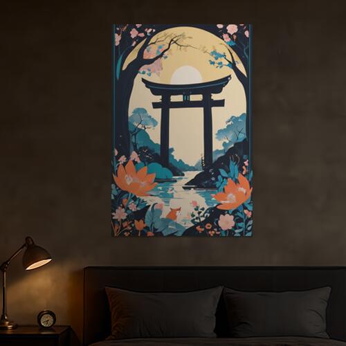 鳥居 川 花 木 狐 タペストリー 和柄 和風 日本画風 男気 大和魂 厳つい インテリア 大きい 縦型 縦配信 撮影背景 壁掛け 大判 長方形 壁布 紺 ベージュ オレンジ