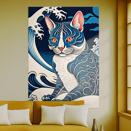 猫 波 和風 アート 掛け軸 タペストリー 和柄 日本画風 男気 大和魂 厳つい インテリア 大きい 縦型 縦配信 撮影背景 壁掛け 大判 長方形 壁布 青 白 ピンク