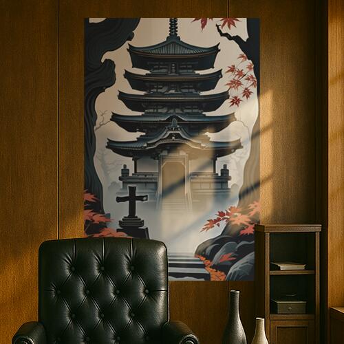 寺 仏閣 五重塔 紅葉 石灯籠 タペストリー 和柄 和風 日本画風 男気 大和魂 厳つい インテリア 大きい 縦型 縦配信 撮影背景 壁掛け 大判 長方形 壁布 紺 黒 グレー