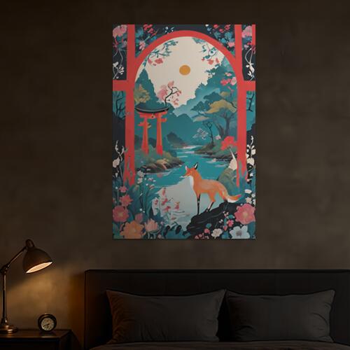 狐 鳥居 川 花 日本画 タペストリー 和柄 和風 日本画風 男気 大和魂 厳つい インテリア 大きい 縦型 縦配信 撮影背景 壁掛け 大判 長方形 壁布 赤 青 オレンジ