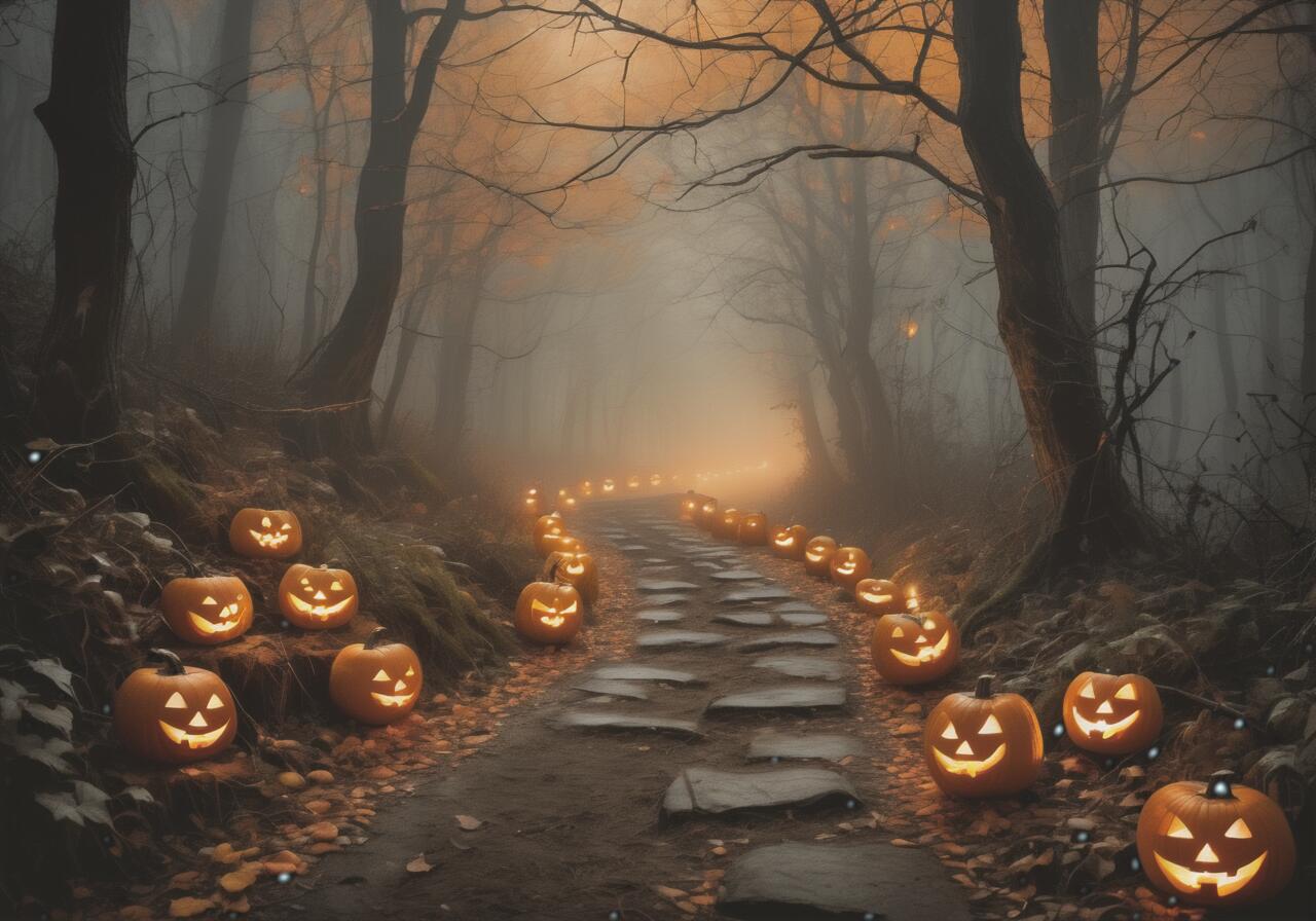 カボチャ ハロウィン 森 道 ランタン タペストリー 幻想的 インテリア 大きい 撮影背景 壁掛け 大判 長方形 壁布 オレンジ 黄色 黒