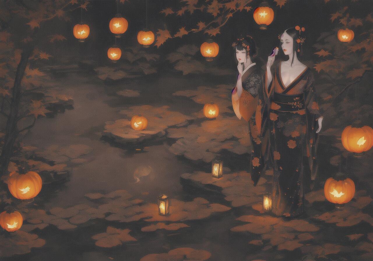 女性 着物 カボチャ 提灯 池 タペストリー ハロウィン 幻想的 インテリア 大きい 撮影背景 壁掛け 大判 長方形 壁布 オレンジ 黒 ベージュ