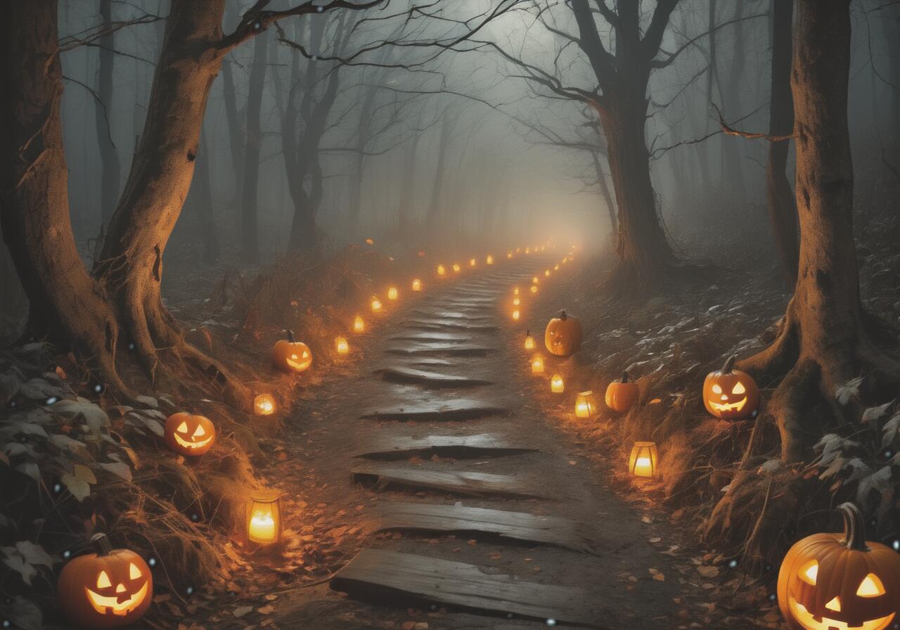 カボチャ ランタン 森 道 ハロウィン タペストリー 幻想的 インテリア 大きい 撮影背景 壁掛け 大判 長..