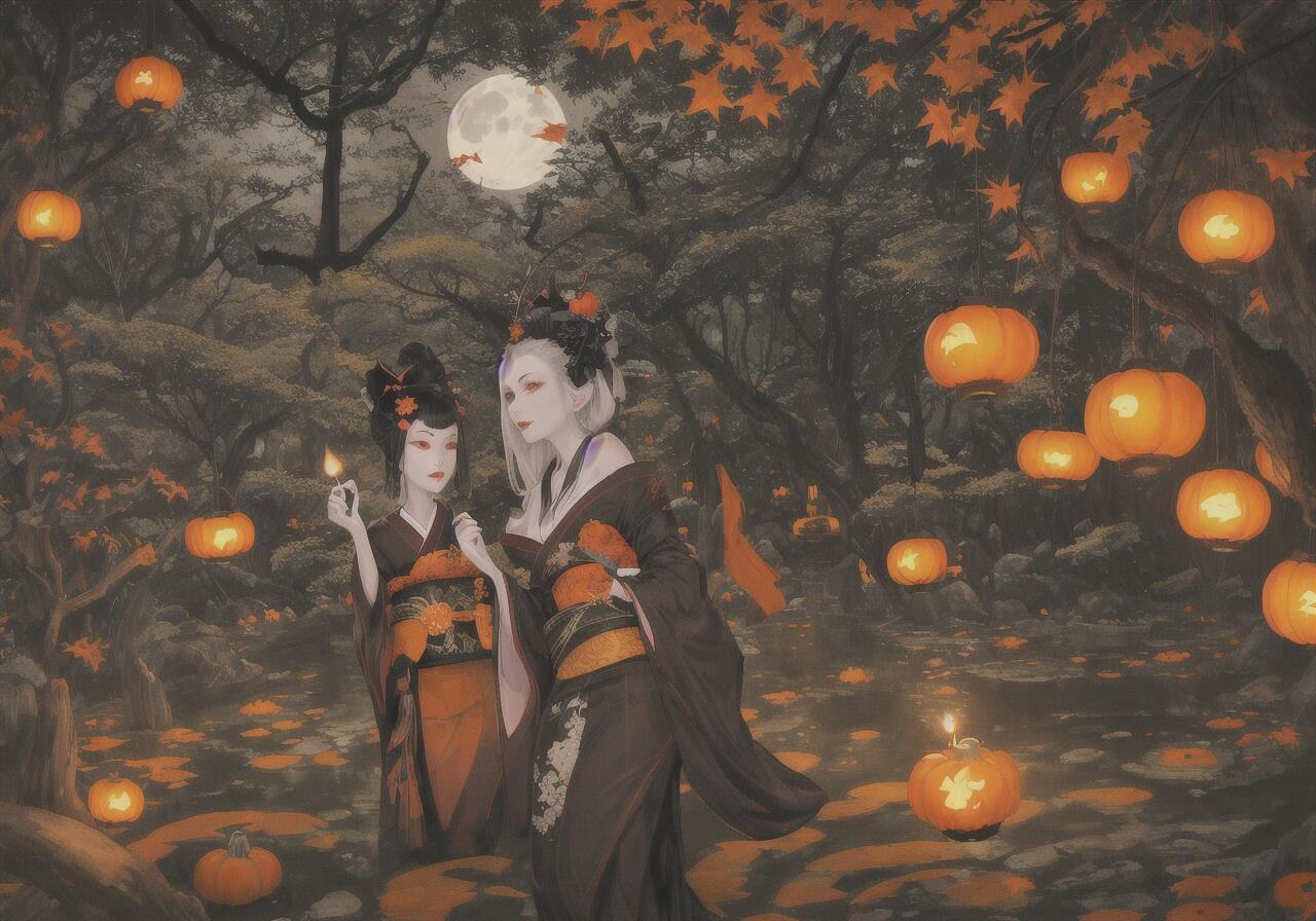 月 提灯 着物 女性 紅葉 タペストリー ハロウィン 幻想的 インテリア 大きい 撮影背景 壁掛け 大判 長方形 壁布 オレンジ 黒 ベージュ