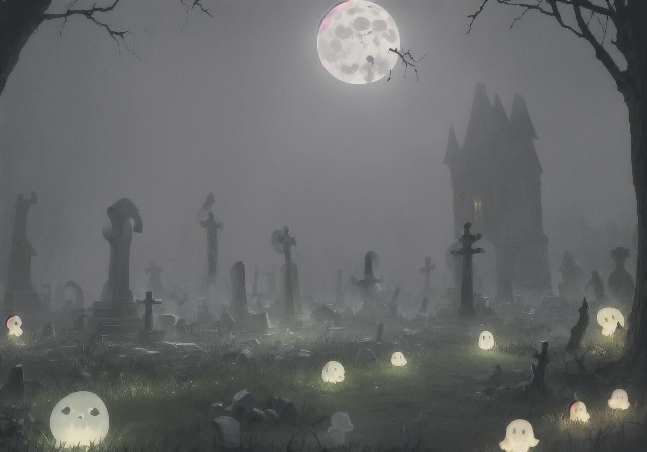 墓地 幽霊 月 霧 ハロウィン タペストリー 幻想的 インテリア 大きい 撮影背景 壁掛け 大判 長方形 壁布 グレー 白 黒