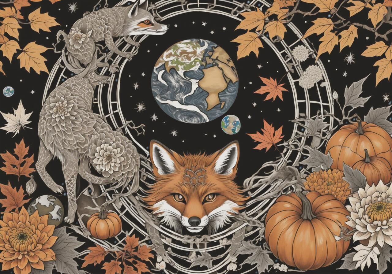 狐 地球 カボチャ 花 葉 タペストリー 和風 和柄 入れ墨風 浮世絵風 ハロウィン インテリア 大きい 撮影背景 壁掛け 大判 長方形 壁布 黒 オレンジ ベージュ