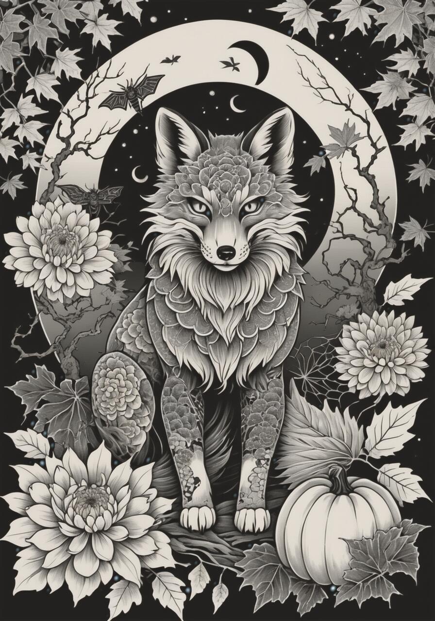 狐 キツネ 月 花 菊 タペストリー 和風 和柄 入れ墨風 浮世絵風 ハロウィン インテリア 大きい 撮影背景 壁掛け 大判 長方形 壁布 白 黒 グレー