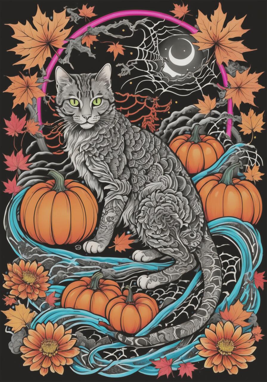 猫 カボチャ ハロウィン 秋 月 タペストリー 和風 和柄 入れ墨風 浮世絵風 インテリア 大きい 撮影背景 壁掛け 大判 長方形 壁布 黒 オレンジ グレー