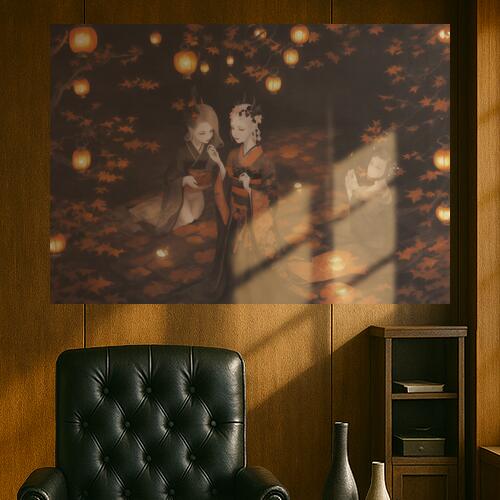 着物 灯篭 紅葉 女性 夜 タペストリー 和風 和柄 入れ墨風 浮世絵風 ハロウィン インテリア 大きい 撮影背景 壁掛け 大判 長方形 壁布 黒 オレンジ ベージュ