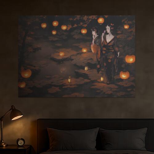 着物 女性 提灯 カボチャ 秋 タペストリー 和風 和柄 入れ墨風 浮世絵風 ハロウィン インテリア 大きい 撮影背景 壁掛け 大判 長方形 壁布 黒 オレンジ ベージュ