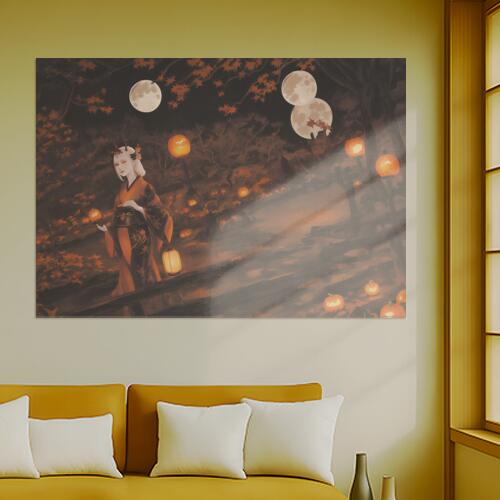 月 ランタン 着物 女性 秋 タペストリー 和風 和柄 入れ墨風 浮世絵風 ハロウィン インテリア 大きい ..