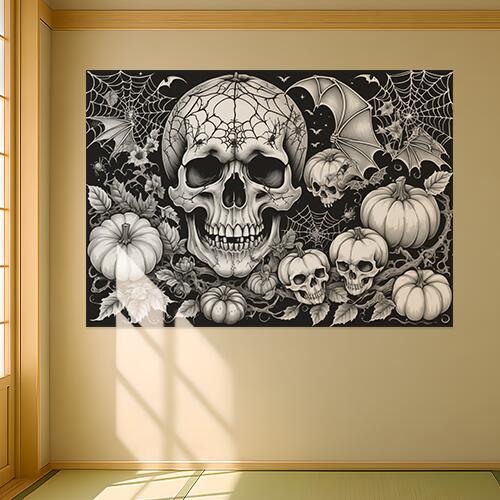 骸骨 ドクロ カボチャ コウモリ ハロウィン タペストリー 和風 和柄 入れ墨風 浮世絵風 インテリア 大きい 撮影背景 壁掛け 大判 長方形 壁布 白 黒 グレー