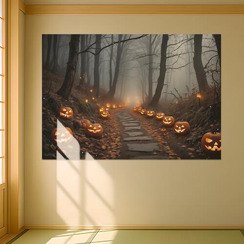 ハロウィン かぼちゃ 森 ランタン 秋 タペストリー 和風 和柄 入れ墨風 浮世絵風 インテリア 大きい 撮影背景 壁掛け 大判 長方形 壁布 オレンジ 黒 ベージュ