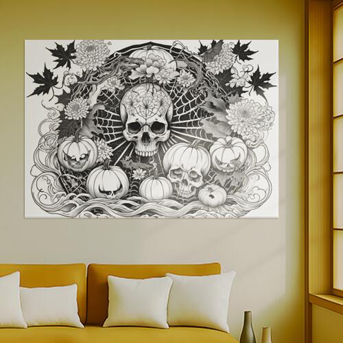 ハロウィン スカル カボチャ 花 クモの巣 タペストリー 和風 和柄 入れ墨風 浮世絵風 インテリア 大きい 撮影背景 壁掛け 大判 長方形 壁布 白 黒 グレー