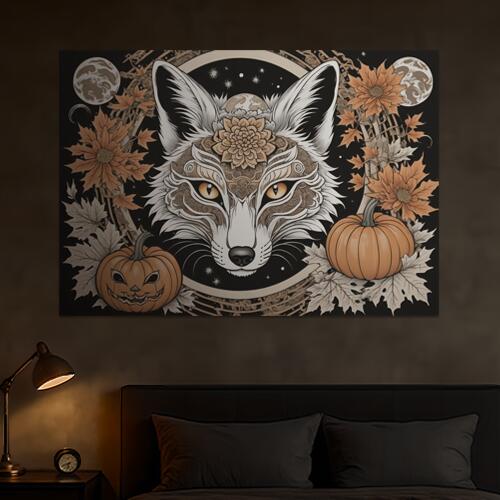 キツネ カボチャ 月 花 秋 タペストリー 和風 和柄 入れ墨風 浮世絵風 ハロウィン インテリア 大きい 撮影背景 壁掛け 大判 長方形 壁布 オレンジ ベージュ 白