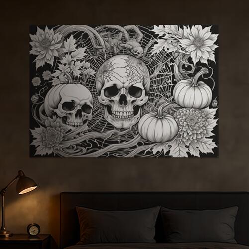 骸骨 カボチャ クモ 花 ハロウィン タペストリー 和風 和柄 入れ墨風 浮世絵風 インテリア 大きい 撮影背景 壁掛け 大判 長方形 壁布 白 黒 グレー