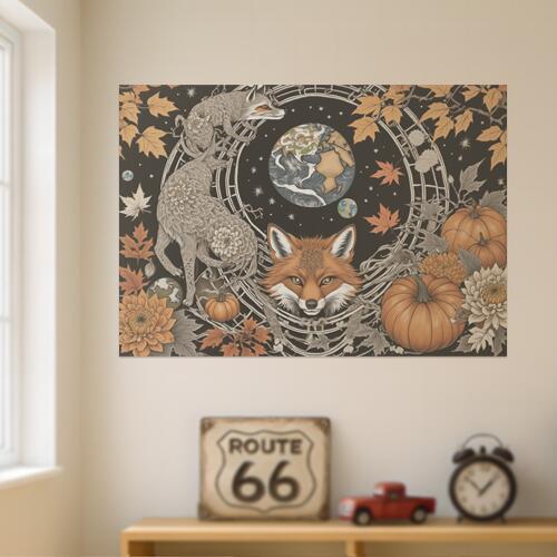 狐 キツネ 地球 カボチャ パンプキン タペストリー 和風 和柄 入れ墨風 浮世絵風 ハロウィン インテリア 大きい 撮影背景 壁掛け 大判 長方形 壁布 黒 オレンジ ベージュ