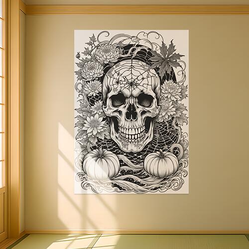 骸骨 ドクロ 花 菊 カボチャ タペストリー 和風 和柄 入れ墨風 浮世絵風 ハロウィン インテリア 大きい 撮影背景 壁掛け 大判 長方形 壁布 白 黒 グレー