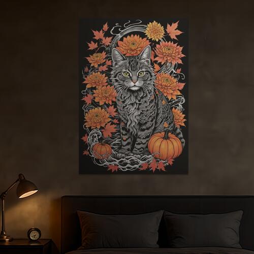 猫 ネコ 秋 花 カボチャ タペストリー 和風 和柄 入れ墨風 浮世絵風 ハロウィン インテリア 大きい 撮影背景 壁掛け 大判 長方形 壁布 グレー オレンジ 黄色
