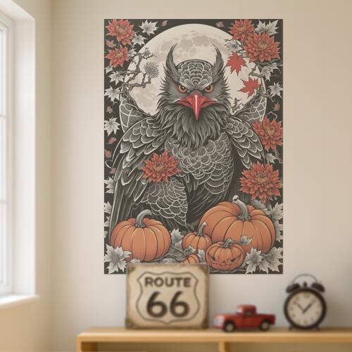 フクロウ ハロウィン カボチャ 花 月 タペストリー 和風 和柄 入れ墨風 浮世絵風 インテリア 大きい 撮影背景 壁掛け 大判 長方形 壁布 黒 グレー オレンジ