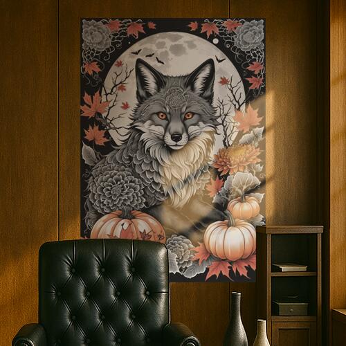 狐 キツネ 月 秋 紅葉 タペストリー 和風 和柄 入れ墨風 浮世絵風 ハロウィン インテリア 大きい 撮影背景 壁掛け 大判 長方形 壁布 白 グレー オレンジ