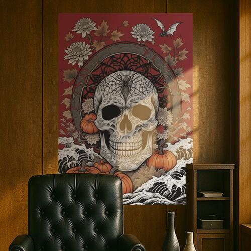 骸骨 カボチャ 花 紅葉 蝙蝠 タペストリー 和風 和柄 入れ墨風 浮世絵風 ハロウィン インテリア 大きい 撮影背景 壁掛け 大判 長方形 壁布 赤 白 オレンジ