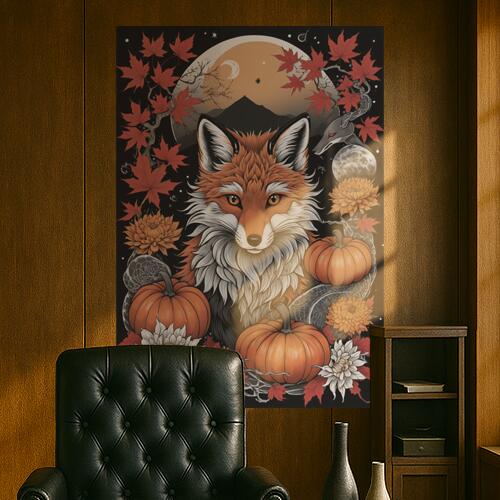 狐 キツネ 秋 カボチャ 月 タペストリー 和風 和柄 入れ墨風 浮世絵風 ハロウィン インテリア 大きい ..