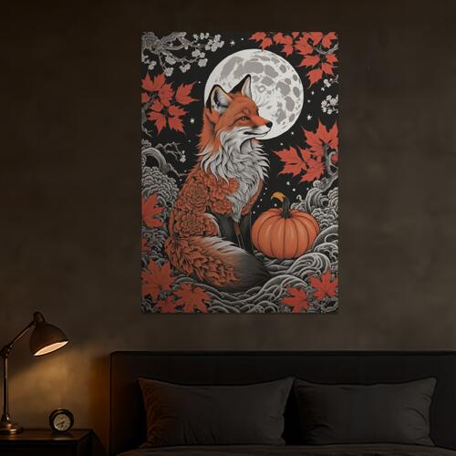 狐 月 紅葉 カボチャ 花 タペストリー 和風 和柄 入れ墨風 浮世絵風 ハロウィン インテリア 大きい 撮影背景 壁掛け 大判 長方形 壁布 オレンジ 赤 白