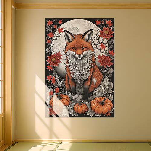 狐 キツネ 月 紅葉 カエデ タペストリー 和風 和柄 入れ墨風 浮世絵風 ハロウィン インテリア 大きい 撮影背景 壁掛け 大判 長方形 壁布 オレンジ 白 グレー