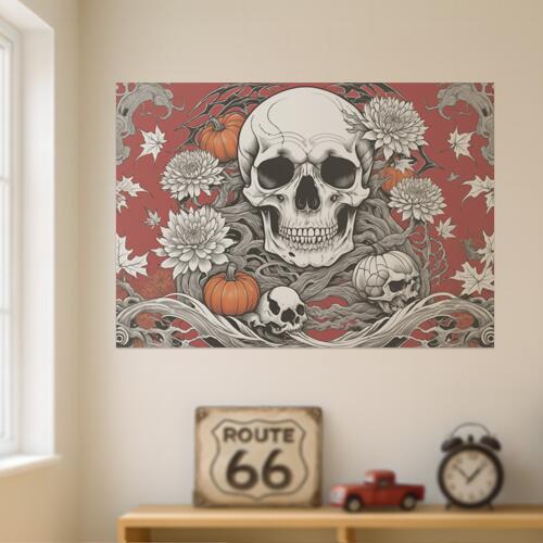 骸骨 スカル 花 カボチャ ハロウィン タペストリー 和風 和柄 入れ墨風 浮世絵風 インテリア 大きい 撮影背景 壁掛け 大判 長方形 壁布 白 赤 オレンジ