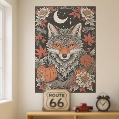 狐 キツネ 月 カボチャ 花 タペストリー 和風 和柄 入れ墨風 浮世絵風 ハロウィン インテリア 大きい 撮影背景 壁掛け 大判 長方形 壁布 黒 オレンジ 白