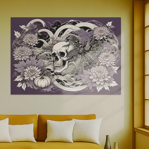 骸骨 ドクロ スカル 花 菊 タペストリー 和風 和柄 入れ墨風 浮世絵風 ハロウィン インテリア 大きい 撮影背景 壁掛け 大判 長方形 壁布 グレー 白 紫