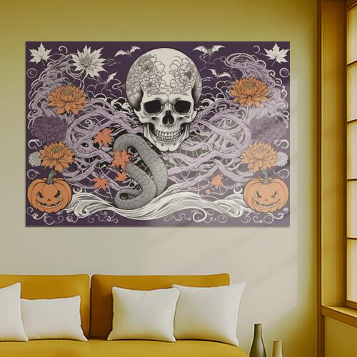 骸骨 ドクロ スカル ハロウィン カボチャ タペストリー 和風 和柄 入れ墨風 浮世絵風 インテリア 大きい 撮影背景 壁掛け 大判 長方形 壁布 白 グレー オレンジ