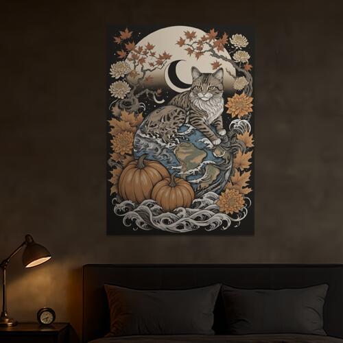 猫 地球 カボチャ 月 紅葉 タペストリー 和風 和柄 入れ墨風 浮世絵風 ハロウィン インテリア 大きい 撮影背景 壁掛け 大判 長方形 壁布 ベージュ 青 オレンジ