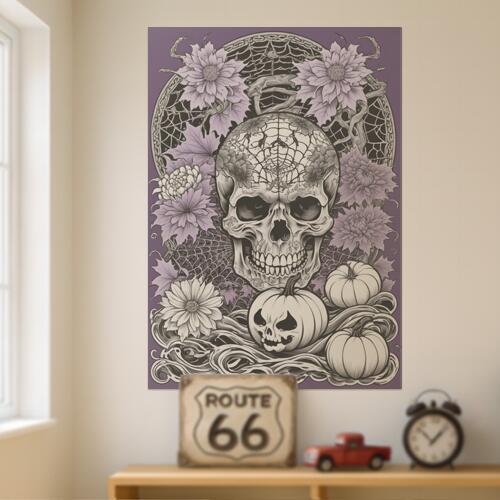 骸骨 スカル 花 パンプキン ハロウィン タペストリー 和風 和柄 入れ墨風 浮世絵風 インテリア 大きい 撮影背景 壁掛け 大判 長方形 壁布 白 グレー 紫