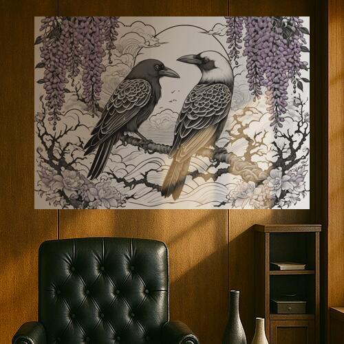 カラス 藤 花 枝 月 タペストリー 和風 和柄 入れ墨風 浮世絵風 ハロウィン インテリア 大きい 撮影背景 壁掛け 大判 長方形 壁布 黒 白 グレー