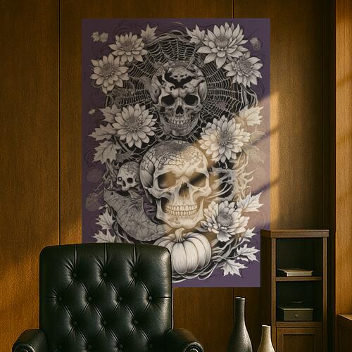 骸骨 スカル 花 カボチャ ハロウィン タペストリー 和風 和柄 入れ墨風 浮世絵風 インテリア 大きい 撮影背景 壁掛け 大判 長方形 壁布 白 グレー 黒