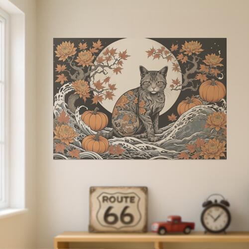 猫 月 菊 カエデ カボチャ タペストリー 和風 和柄 入れ墨風 浮世絵風 ハロウィン インテリア 大きい ..