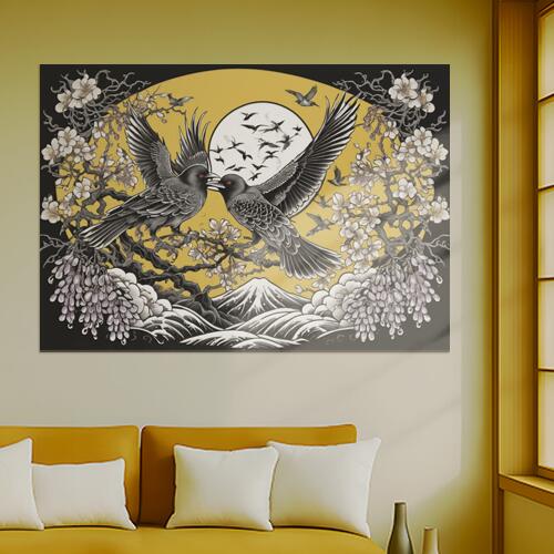 鳥 花 月 山 波 タペストリー 和風 和柄 入れ墨風 浮世絵風 ハロウィン インテリア 大きい 撮影背景 壁掛け 大判 長方形 壁布 黒 白 グレー