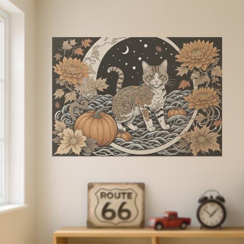 猫 ネコ 秋 カボチャ 菊 タペストリー 和風 和柄 入れ墨風 浮世絵風 ハロウィン インテリア 大きい 撮影背景 壁掛け 大判 長方形 壁布 オレンジ ベージュ 白