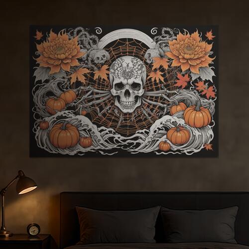 骸骨 カボチャ 花 蜘蛛の巣 波 タペストリー 和風 和柄 入れ墨風 浮世絵風 ハロウィン インテリア 大きい 撮影背景 壁掛け 大判 長方形 壁布 白 オレンジ グレー