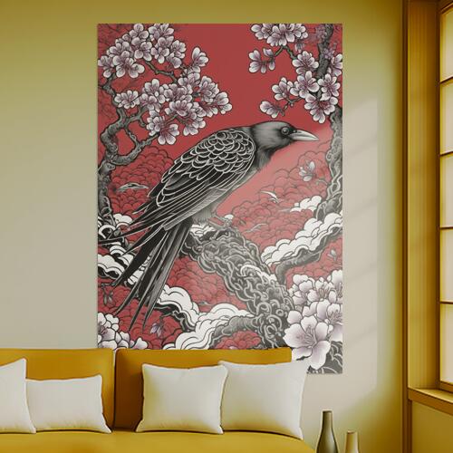 カラス 桜 木 花 和風 タペストリー 和柄 入れ墨風 浮世絵風 ハロウィン インテリア 大きい 撮影背景 壁掛け 大判 長方形 壁布 赤 黒 白