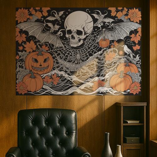 ハロウィン カボチャ 骸骨 コウモリ 蜘蛛の巣 タペストリー 和風 和柄 入れ墨風 浮世絵風 インテリア 大きい 撮影背景 壁掛け 大判 長方形 壁布 オレンジ 白 グレー