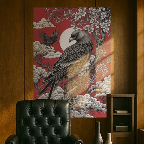 鳥 雲 木 月 花 タペストリー 和風 和柄 入れ墨風 浮世絵風 ハロウィン インテリア 大きい 撮影背景 壁掛け 大判 長方形 壁布 赤 白 グレー