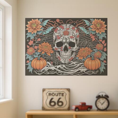 骸骨 スカル 花 菊 カボチャ タペストリー 和風 和柄 入れ墨風 浮世絵風 ハロウィン インテリア 大きい 撮影背景 壁掛け 大判 長方形 壁布 黒 白 グレー