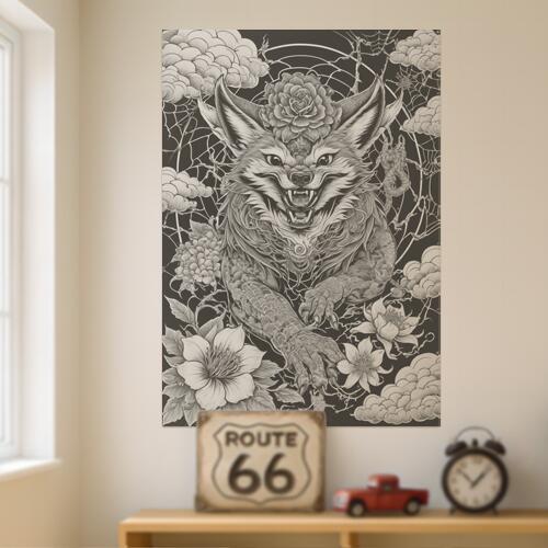 狐 花 雲 蜘蛛の巣 刺青 タペストリー 和風 和柄 入れ墨風 浮世絵風 ハロウィン インテリア 大きい 撮影背景 壁掛け 大判 長方形 壁布 白 黒 グレー