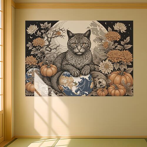 猫 地球 月 菊 カボチャ タペストリー 和風 和柄 入れ墨風 浮世絵風 ハロウィン インテリア 大きい 撮..