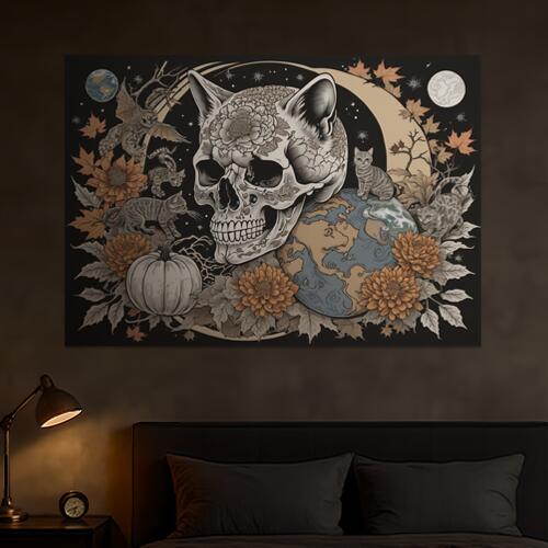 猫 髑髏 地球 花 月 タペストリー 和風 和柄 入れ墨風 浮世絵風 ハロウィン インテリア 大きい 撮影背景 壁掛け 大判 長方形 壁布 白 グレー ベージュ