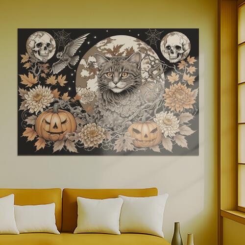 猫 スカル カボチャ ハロウィン 月 タペストリー 和風 和柄 入れ墨風 浮世絵風 インテリア 大きい 撮影背景 壁掛け 大判 長方形 壁布 グレー オレンジ ベージュ